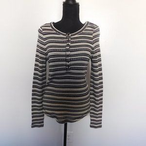 Lucky Brand Striped Thermal Long Sleeve Top Henley Sz M Black/white
